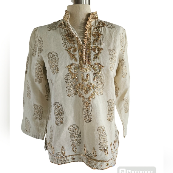 NWOT CAROLE LITTLE Gold Paisley Sequin Linen Tunic | SZ 10 - Picture 1 of 16